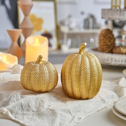 FESTGLOX Pumpkin Fall Decor Indoor - Gold Pumpkin for Decorating, 2Pcs Resin Pumpkins Decor with Woven Effect, Thanksgiving Table Centerpiece, Fireplace, Autumn Harvest Party Decorations - Image 3