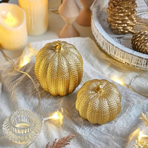 FESTGLOX Pumpkin Fall Decor Indoor - Gold Pumpkin for Decorating, 2Pcs Resin Pumpkins Decor with Woven Effect, Thanksgiving Table Centerpiece, Fireplace, Autumn Harvest Party Decorations - Image 2