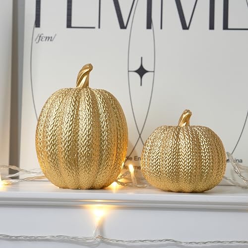 FESTGLOX Pumpkin Fall Decor Indoor - Gold Pumpkin for Decorating, 2Pcs Resin Pumpkins Decor with Woven Effect, Thanksgiving Table Centerpiece, Fireplace, Autumn Harvest Party Decorations - Image 5