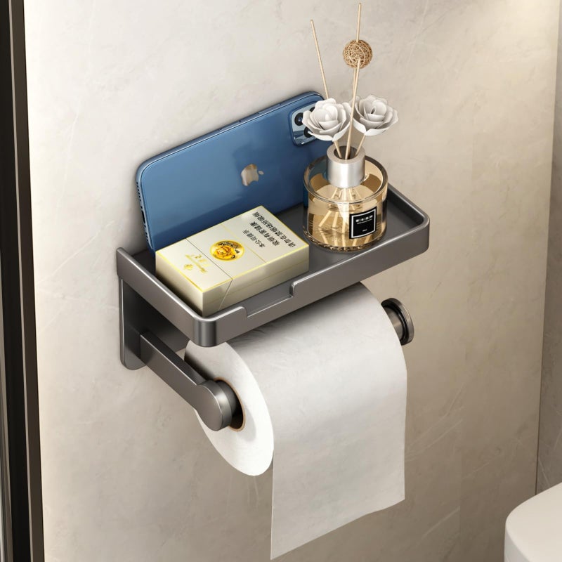 VOLDRA Toilet Paper Holder with Phone Shelf  Self-Adhesive or Screw Toilet Tissue Roll Holder Wall Mount  Rustproof & Multifunctional Bathroom Toilet Paper Holder Storage Dispenser(Gray) - Image 1