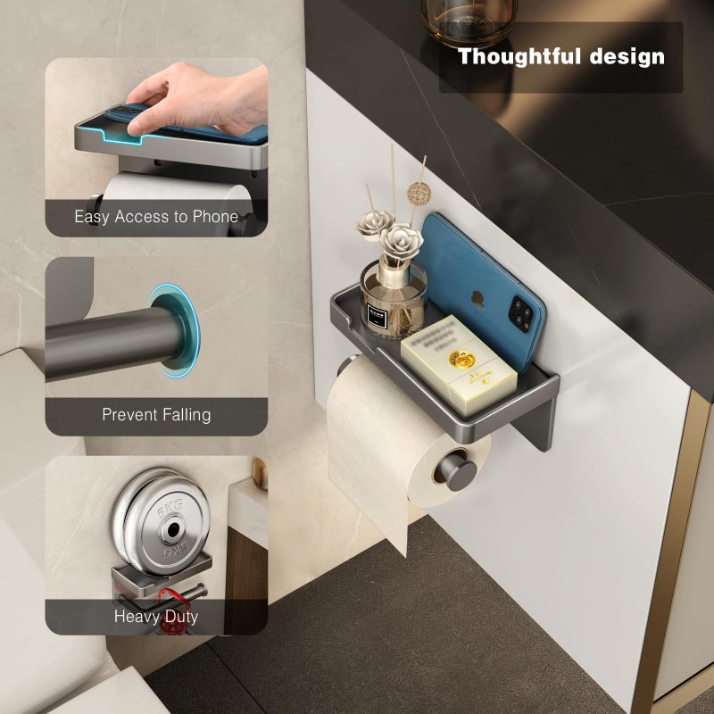VOLDRA Toilet Paper Holder with Phone Shelf  Self-Adhesive or Screw Toilet Tissue Roll Holder Wall Mount  Rustproof & Multifunctional Bathroom Toilet Paper Holder Storage Dispenser(Gray) - Image 2