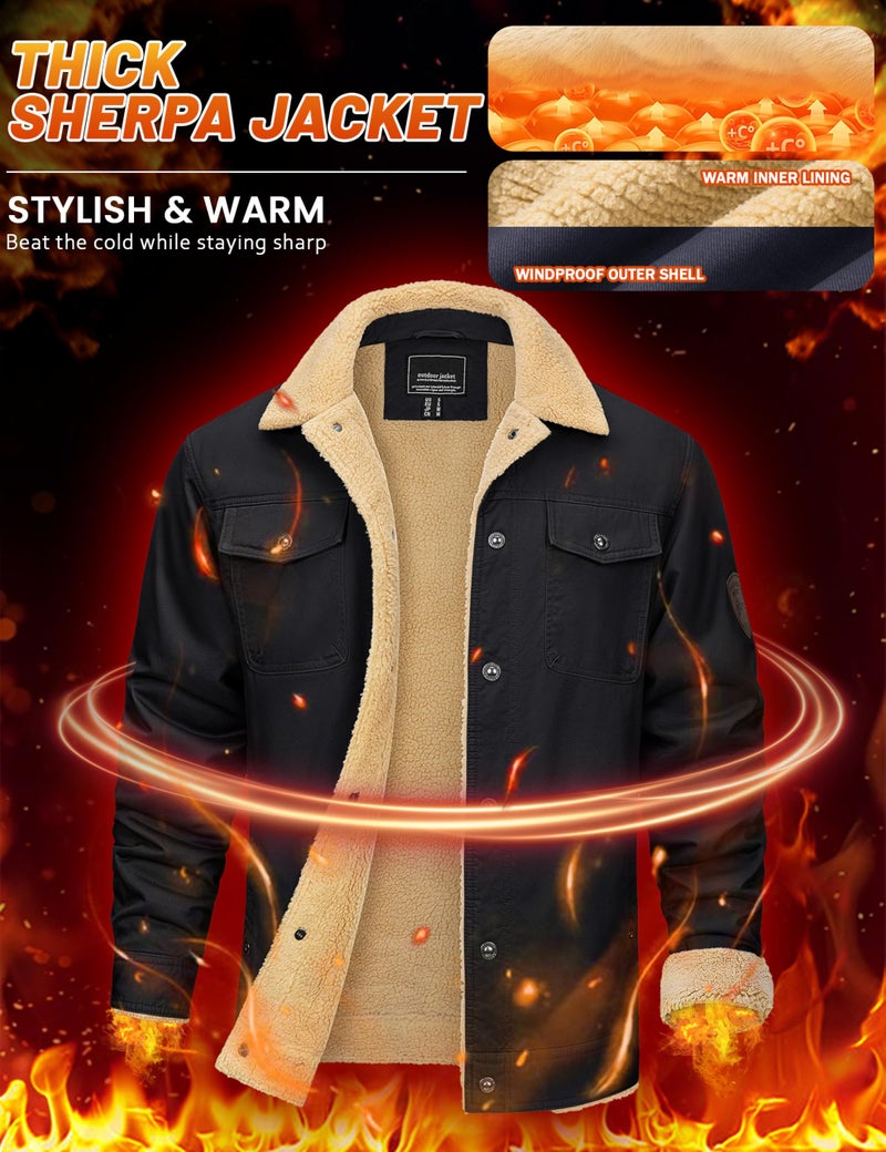 KEFITEVD Winter Jacket Men Work Thermal Windproof Cargo Sherpa Jacket Fleece Lined Coats for Fall Winter Black XL - Image 4
