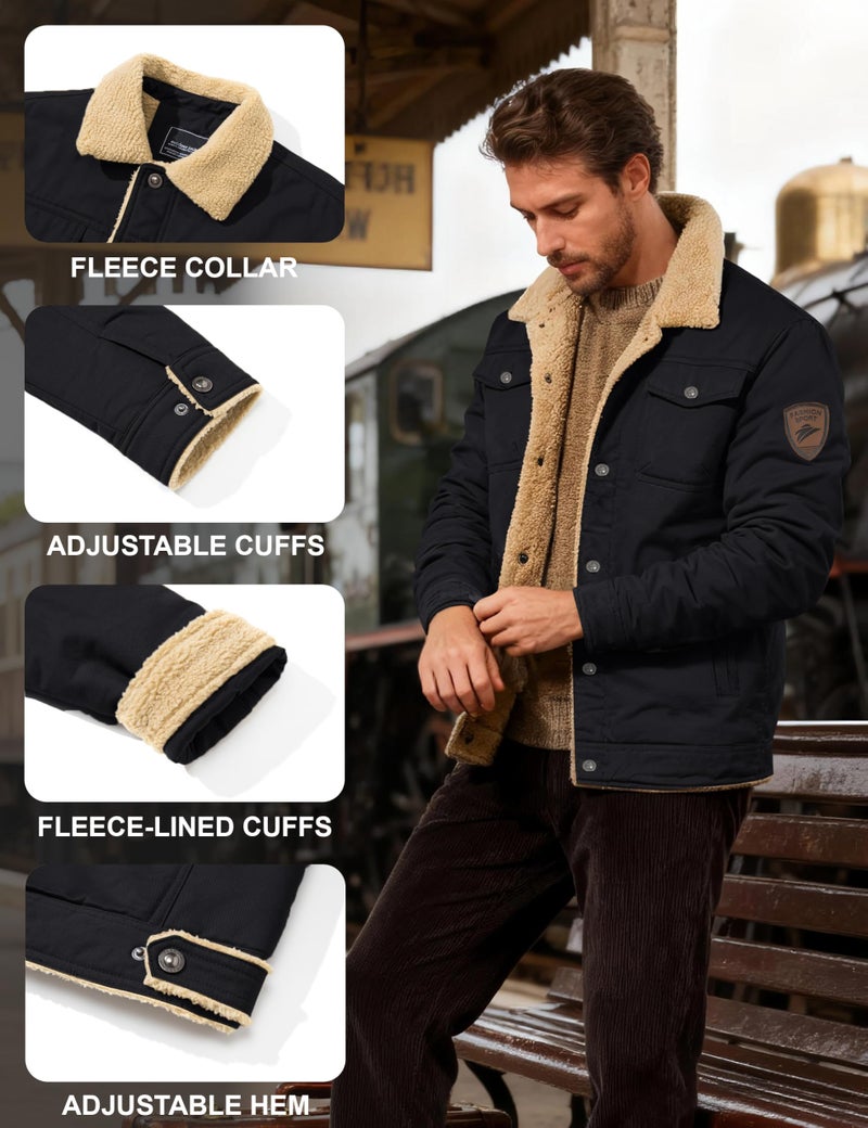 KEFITEVD Winter Jacket Men Work Thermal Windproof Cargo Sherpa Jacket Fleece Lined Coats for Fall Winter Black XL - Image 5