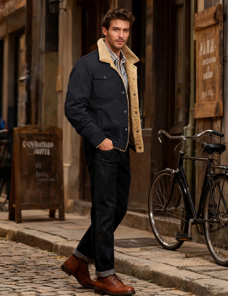 KEFITEVD Winter Jacket Men Work Thermal Windproof Cargo Sherpa Jacket Fleece Lined Coats for Fall Winter Black XL - Image 3