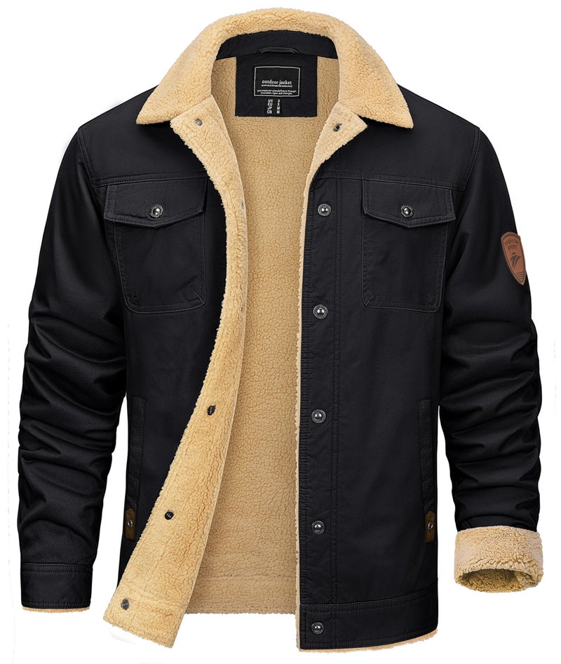 KEFITEVD Winter Jacket Men Work Thermal Windproof Cargo Sherpa Jacket Fleece Lined Coats for Fall Winter Black XL - Image 1