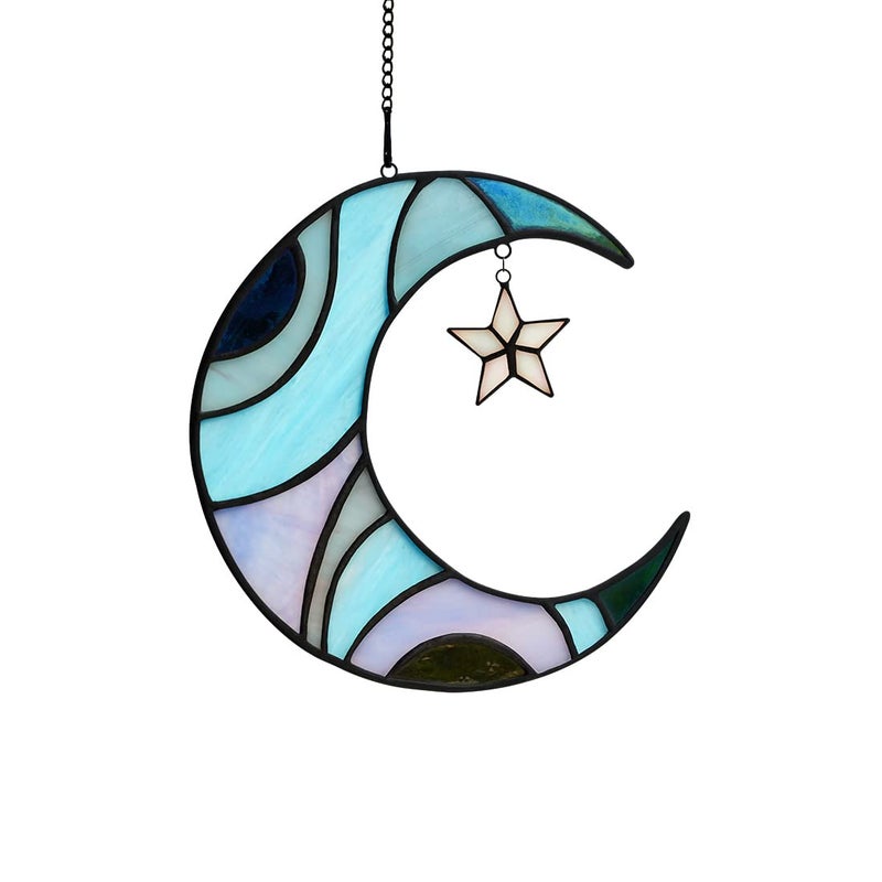 HAOSUM Stars and Moon Stained Glass Suncatcher  Window Decor Gift for Home Indoor  Crescent Moon and Star Decorations for Women