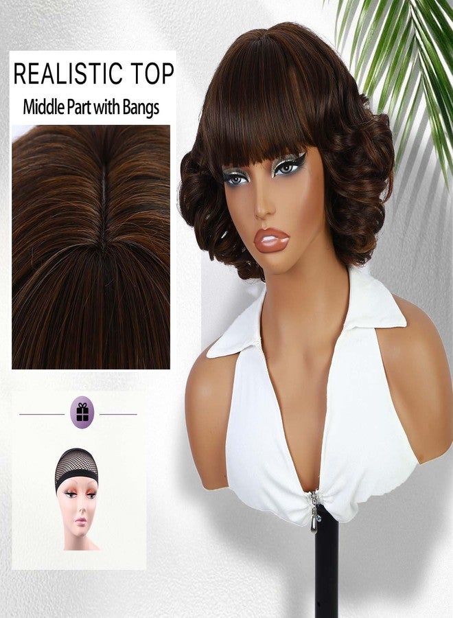 فانسي هير شعر مستعار قصير مجعد بني مختلط عصري من فانسي هير مع غرة - شعر مستعار بوب صناعي للحفلات للنساء، تسريحة شعر مجعدة كثيفة للاستخدام اليومي ولأزياء التنكر. - Image 3