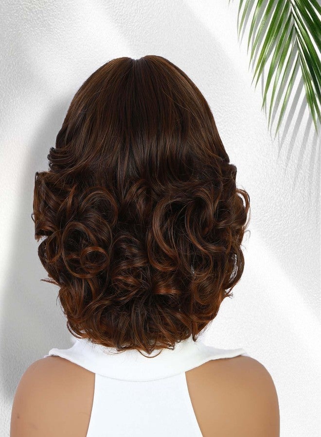 فانسي هير شعر مستعار قصير مجعد بني مختلط عصري من فانسي هير مع غرة - شعر مستعار بوب صناعي للحفلات للنساء، تسريحة شعر مجعدة كثيفة للاستخدام اليومي ولأزياء التنكر. - Image 5