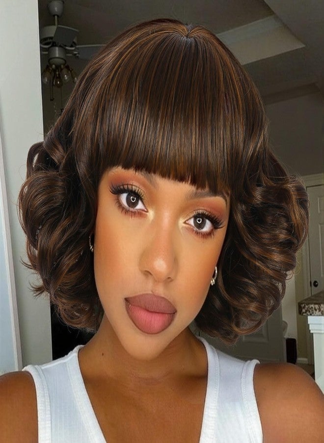 فانسي هير شعر مستعار قصير مجعد بني مختلط عصري من فانسي هير مع غرة - شعر مستعار بوب صناعي للحفلات للنساء، تسريحة شعر مجعدة كثيفة للاستخدام اليومي ولأزياء التنكر. - Image 1