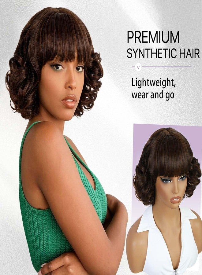 فانسي هير شعر مستعار قصير مجعد بني مختلط عصري من فانسي هير مع غرة - شعر مستعار بوب صناعي للحفلات للنساء، تسريحة شعر مجعدة كثيفة للاستخدام اليومي ولأزياء التنكر. - Image 4