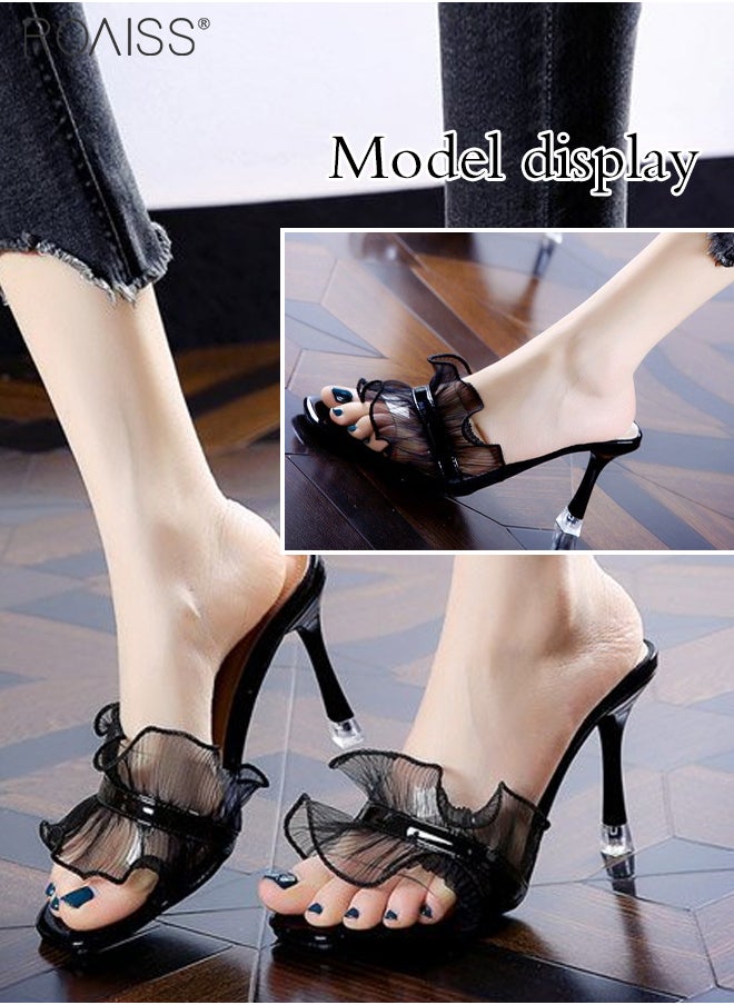 roaiss - Lace Mesh Open Toe Slippers Women'S Daily Commuting Banquet Square Toe Design Stiletto Heel Summer Sandals - Image 1