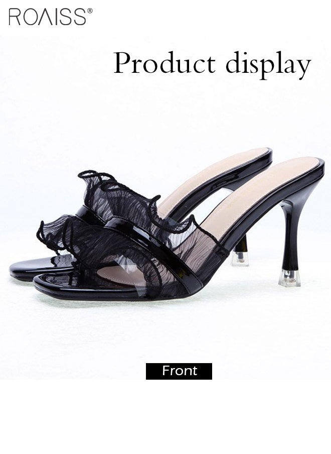 roaiss - Lace Mesh Open Toe Slippers Women'S Daily Commuting Banquet Square Toe Design Stiletto Heel Summer Sandals - Image 1
