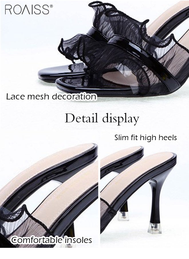 roaiss - Lace Mesh Open Toe Slippers Women'S Daily Commuting Banquet Square Toe Design Stiletto Heel Summer Sandals - Image 1