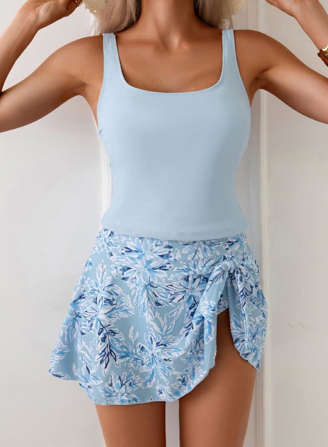 Eomenie Tankini Swimsuit for Women Tummy Control Two Piece Bathing Suit High Waisted Tank Top with Swim Skirt, Light Blue Print, XL - Image 5