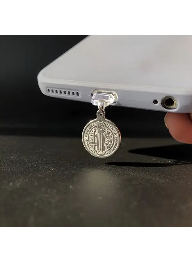 Vintage Saint Benedict Medal Phone Dust Plug With Phone Lanyard For Type C Devices - Image 1