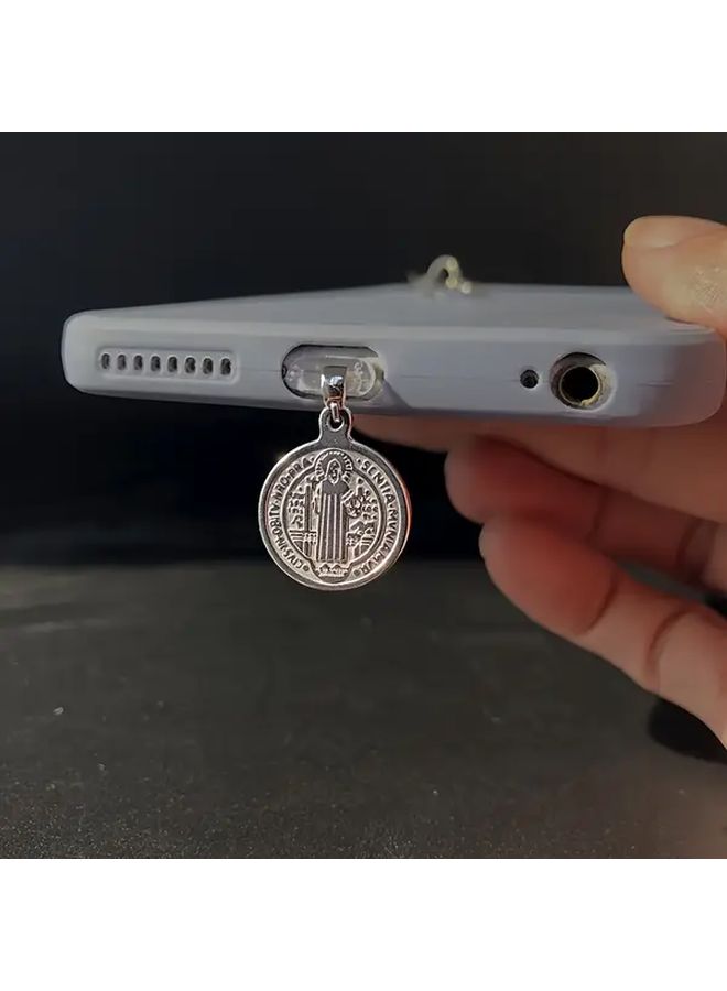 Vintage Saint Benedict Medal Phone Dust Plug With Phone Lanyard For Type C Devices - Image 5