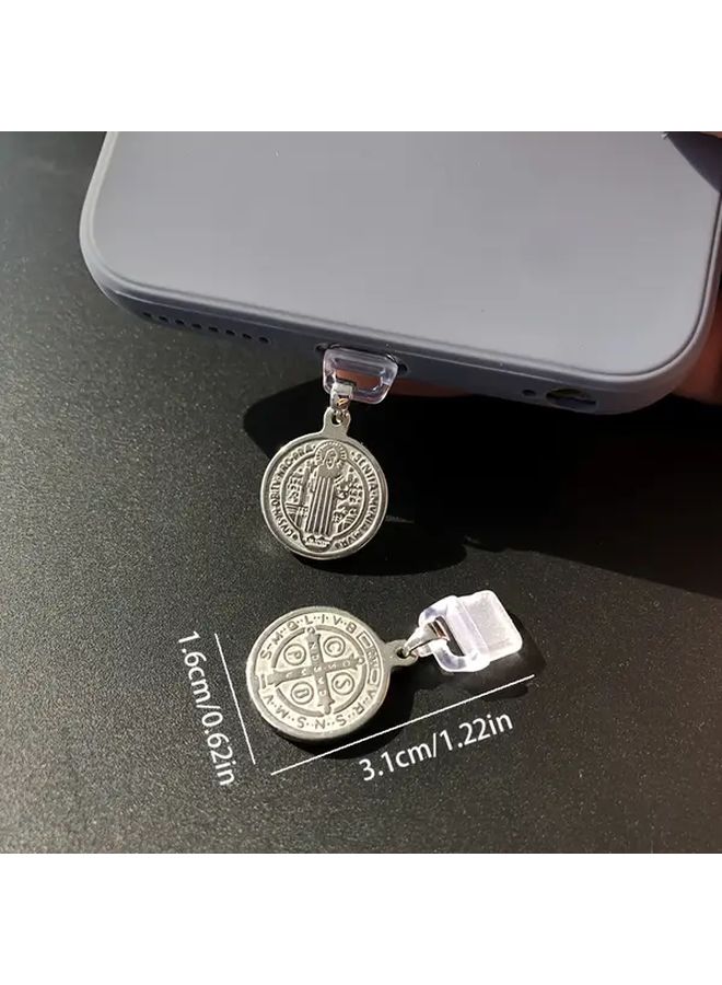 Vintage Saint Benedict Medal Phone Dust Plug With Phone Lanyard For Type C Devices - Image 2