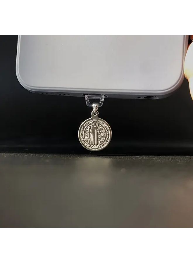 Vintage Saint Benedict Medal Phone Dust Plug With Phone Lanyard For Type C Devices - Image 4