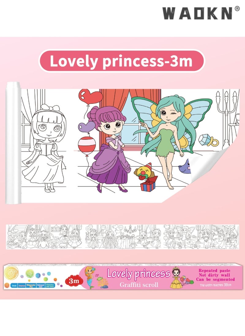 WAOKN 3-meter Long Giant Children's Creative Handmade Graffiti, Children's Drawing Roll Drawing Paper Cute Princess Painting Scroll, Color Filling Painting Scroll, Stickable but Not Dirty Wall  - Image 1