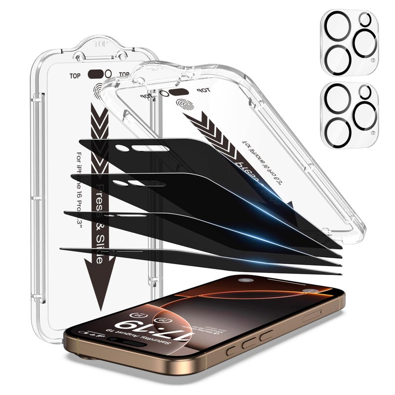 EZ-GLAZ- 4 Pack for iPhone 16 Pro Privacy Screen Protector [6.3"] With 2 Pack Camera Lens Protector, 9H+ Hardness 12FT Military Grade Shatterproof Scratch Resistant Durable Tempered Glass Film with Flawless Fit Kit - Image 1