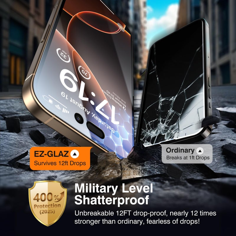 EZ-GLAZ- 4 Pack for iPhone 16 Pro Privacy Screen Protector [6.3"] With 2 Pack Camera Lens Protector, 9H+ Hardness 12FT Military Grade Shatterproof Scratch Resistant Durable Tempered Glass Film with Flawless Fit Kit - Image 4