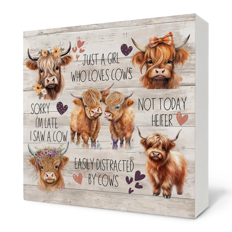 Nvotell Highland Cow Wooden Sign - Highland Cow Bathroom Kitchen Nursery Decor, Farmhouse Cows Decor for Girls Room, Just a Girl Who Loves Cows Wooden Box Signs, 5x5 Inch - Image 1