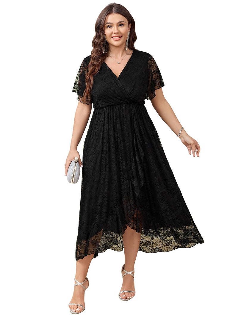 SCOMCHIC Womens Plus Size Wedding Guest Dress Formal Lace Wrap V Neck High Low Short Sleeve Cocktail Maxi Dresses XL-4XL Black - Image 1