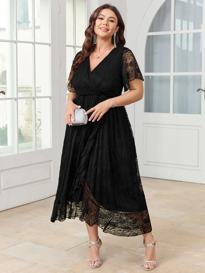 SCOMCHIC Womens Plus Size Wedding Guest Dress Formal Lace Wrap V Neck High Low Short Sleeve Cocktail Maxi Dresses XL-4XL Black - Image 2