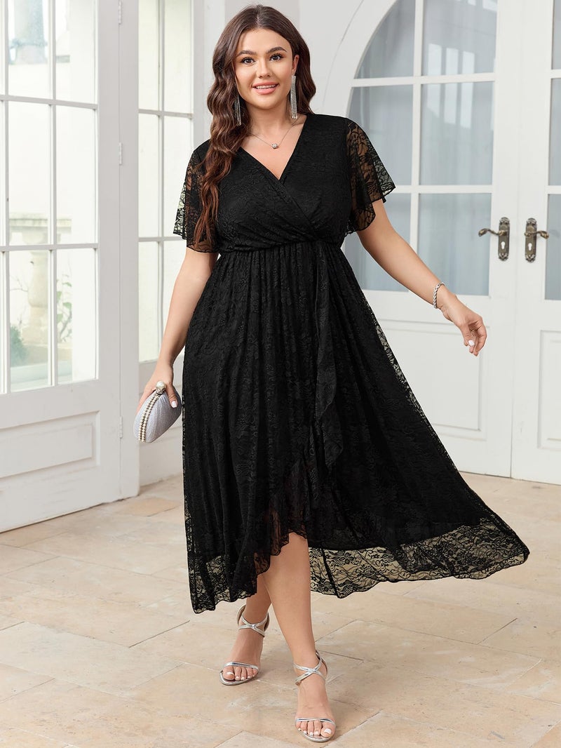 SCOMCHIC Womens Plus Size Wedding Guest Dress Formal Lace Wrap V Neck High Low Short Sleeve Cocktail Maxi Dresses XL-4XL Black - Image 4