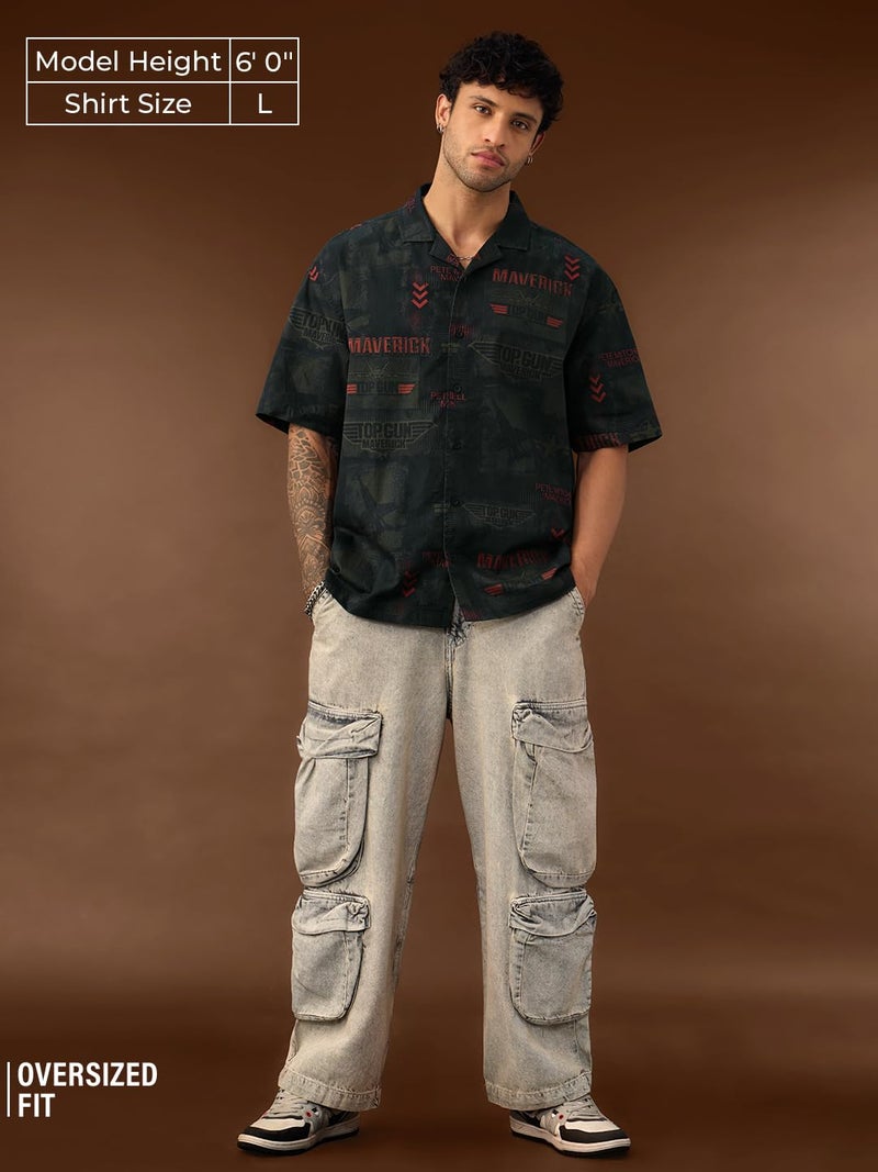 The Souled Store Top Gun: Aviator Men and Boys Short Sleeve Cuban Collar Button Front Dark Green All Over Printed Cotton Oversized Fit Holiday Shirt - Image 2