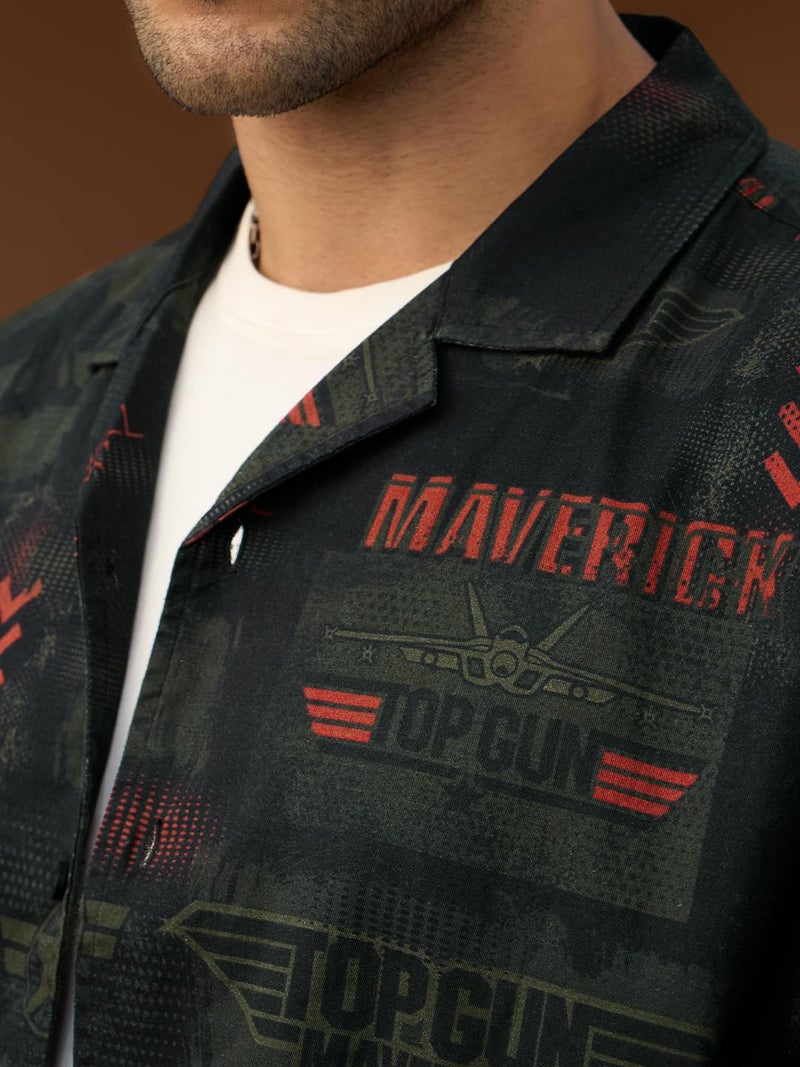 The Souled Store Top Gun: Aviator Men and Boys Short Sleeve Cuban Collar Button Front Dark Green All Over Printed Cotton Oversized Fit Holiday Shirt - Image 4