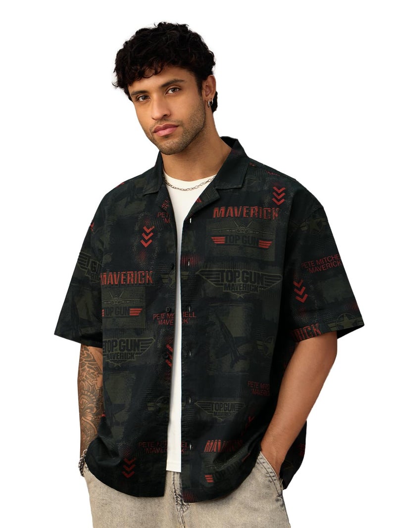 The Souled Store Top Gun: Aviator Men and Boys Short Sleeve Cuban Collar Button Front Dark Green All Over Printed Cotton Oversized Fit Holiday Shirt - Image 1