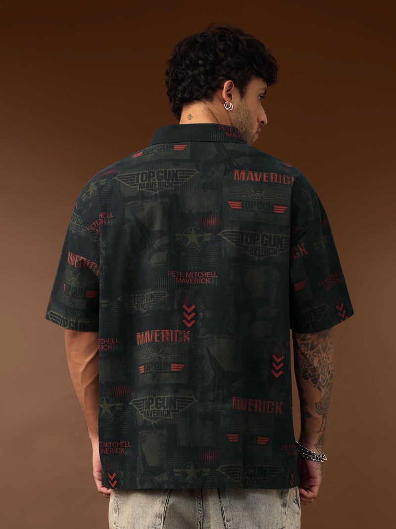 The Souled Store Top Gun: Aviator Men and Boys Short Sleeve Cuban Collar Button Front Dark Green All Over Printed Cotton Oversized Fit Holiday Shirt - Image 3