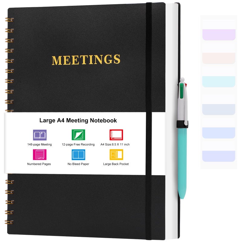 Amanple Meeting Notebook for Work, Notebooks for Work 8.5" x 11", Professional Meeting Notes Notebook for Women Men, Large Spiral Notebook with Numbered Page, Sticky Tabs, PVC Pockets for Organization, Black - Image 1