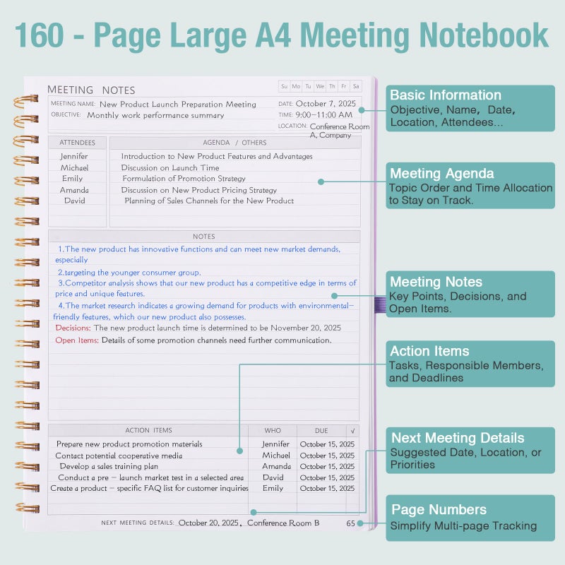 Amanple Meeting Notebook for Work, Notebooks for Work 8.5" x 11", Professional Meeting Notes Notebook for Women Men, Large Spiral Notebook with Numbered Page, Sticky Tabs, PVC Pockets for Organization, Black - Image 2