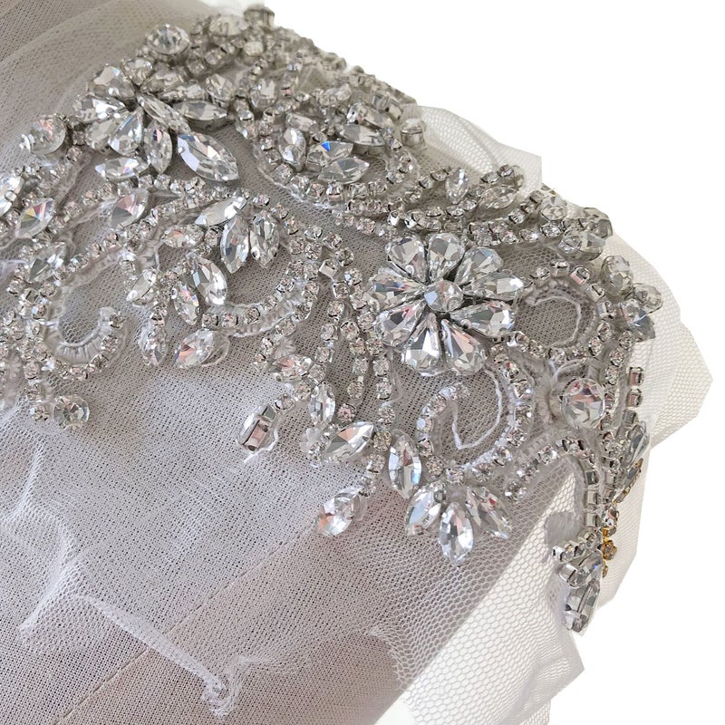 Sparkle Rhinestone Applique Wedding Dress Accessories Beaded Patch VNeck Crystal Neckline Silver Color