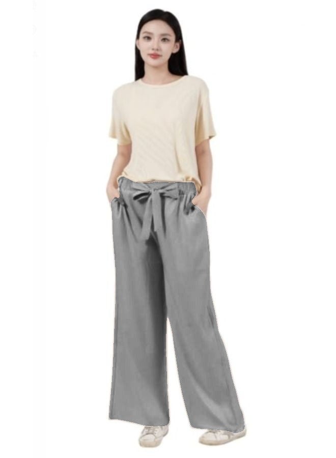 Women High Waisted Palazzo Pants Wide Leg Casual Flowy Tie Knot Trousers with Pockets - Image 1