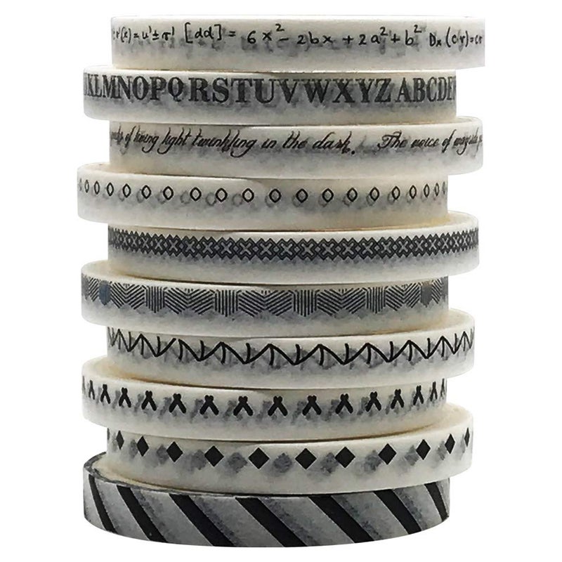 ZMLSED 5mm Wide Slim Washi Tapes Set,10 Rolls Minimalist Black White Style Japanese Masking Decorative Tapes for Bullet Journal Planners DIY Decor Crafts Arts Scrapbooking Adhesive - Image 1