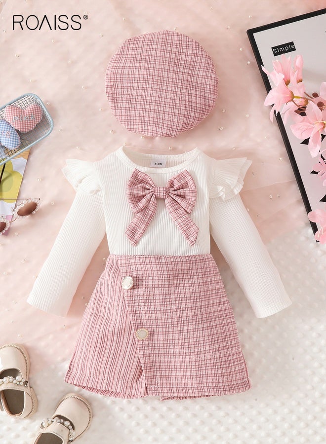 roaiss 3PCS Baby Girl Clothes Set, Stylish Outfit with Bowknot Top, Plaid Skirt and Beret, Long Sleeve Top and Skirt Set with Hat, Suitable for Wedding Ceremonies, Performances and Outdoor Activities - Image 1