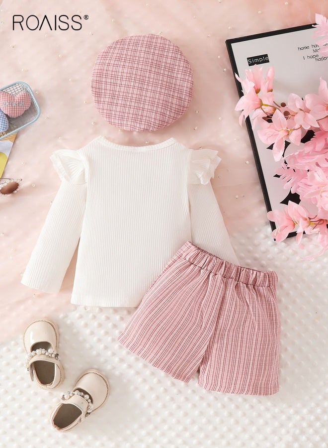 roaiss 3PCS Baby Girl Clothes Set, Stylish Outfit with Bowknot Top, Plaid Skirt and Beret, Long Sleeve Top and Skirt Set with Hat, Suitable for Wedding Ceremonies, Performances and Outdoor Activities - Image 2