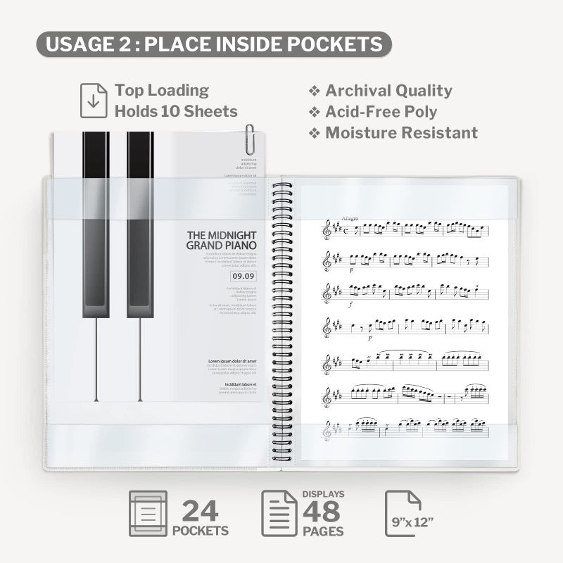 Cranbury Sheet Music Folder 9X12 - Dual Use Music Holder (Black)  Store Pages Inside 24 Protective Sleeves Or Annotate Exposed Pages  Music Binder With Spiral Binding Stays Opens And Lays Flat - Image 4