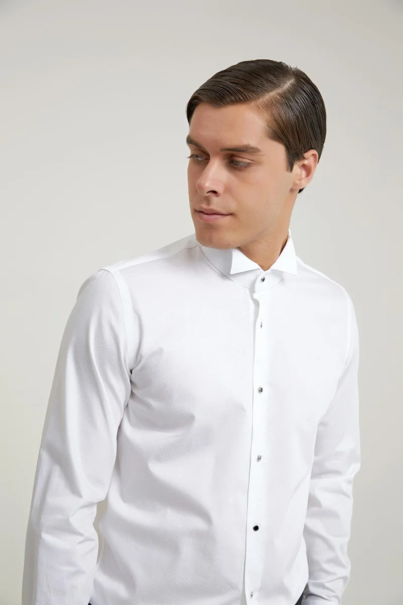 دي أس دامات Slim Fit White Dobby 100% Cotton Double Cuffed Ata Collar Tuxedo Shirt 2HSS2G8051260