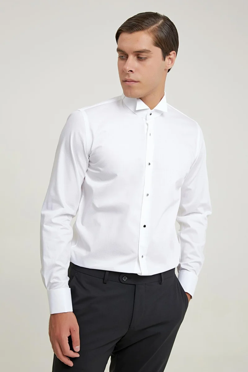 دي أس دامات Slim Fit White Dobby 100% Cotton Double Cuffed Ata Collar Tuxedo Shirt 2HSS2G8051260