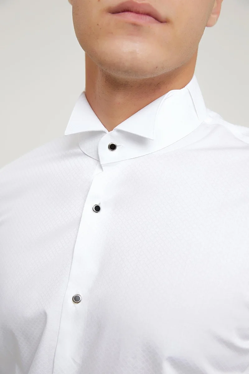 دي أس دامات Slim Fit White Dobby 100% Cotton Double Cuffed Ata Collar Tuxedo Shirt 2HSS2G8051260