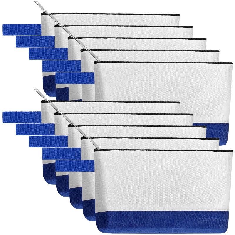 Sinzip 10 Pieces Cotton Canvas Makeup Bag with Bottom and Strap MultiPurpose Cosmetic Bag with Zipper Travel Toiletry Pouch Blank DIY Craft Bag WhiteBlue L - Image 2