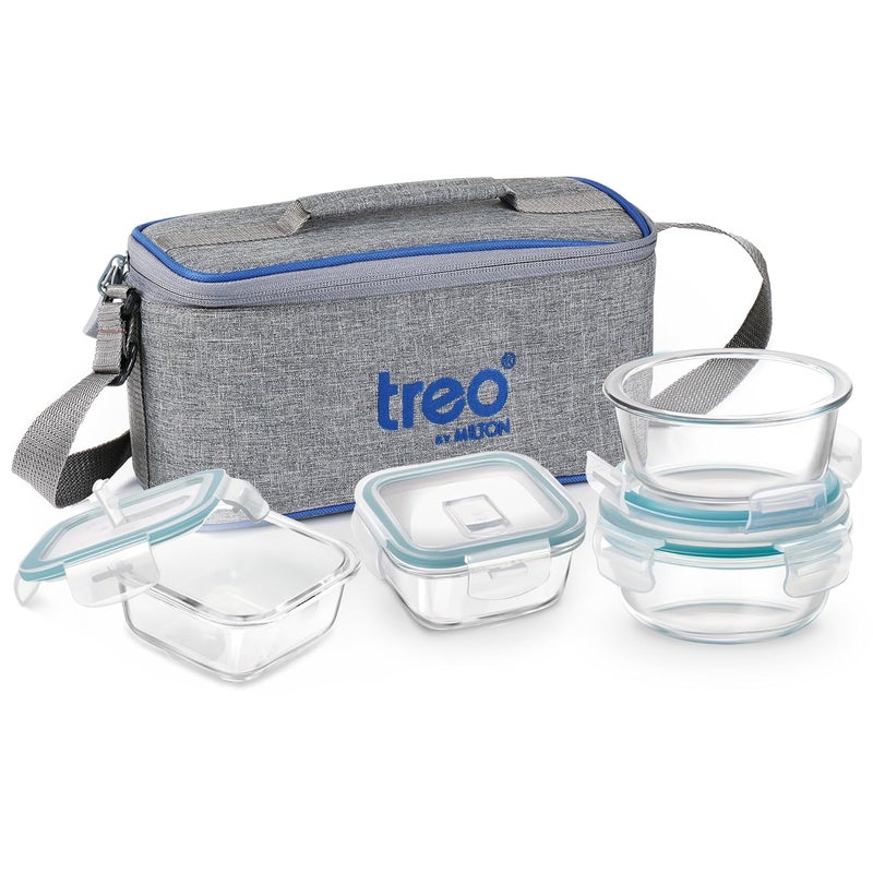 TREO تريو من ميلتون جميع طقم زجاج تيفين مع حقيبة غداء مكون من 4 قطع (2 حاوية دائرية، 400 مل لكل منها؛ 2 حاوية مربعة، 320 مل لكل منها) حاويات آمنة للاستخدام في الميكروويف ومضادة للتسرب، زجاج بوروسيليكات، رمادي مكتبي - Image 2