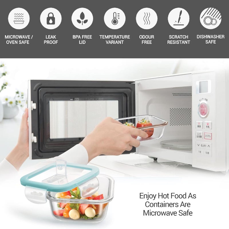 TREO تريو من ميلتون جميع طقم زجاج تيفين مع حقيبة غداء مكون من 4 قطع (2 حاوية دائرية، 400 مل لكل منها؛ 2 حاوية مربعة، 320 مل لكل منها) حاويات آمنة للاستخدام في الميكروويف ومضادة للتسرب، زجاج بوروسيليكات، رمادي مكتبي - Image 3