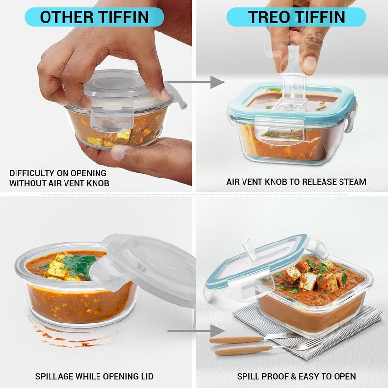 TREO تريو من ميلتون جميع طقم زجاج تيفين مع حقيبة غداء مكون من 4 قطع (2 حاوية دائرية، 400 مل لكل منها؛ 2 حاوية مربعة، 320 مل لكل منها) حاويات آمنة للاستخدام في الميكروويف ومضادة للتسرب، زجاج بوروسيليكات، رمادي مكتبي - Image 5