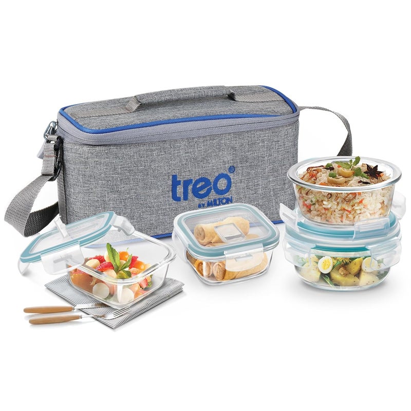 TREO تريو من ميلتون جميع طقم زجاج تيفين مع حقيبة غداء مكون من 4 قطع (2 حاوية دائرية، 400 مل لكل منها؛ 2 حاوية مربعة، 320 مل لكل منها) حاويات آمنة للاستخدام في الميكروويف ومضادة للتسرب، زجاج بوروسيليكات، رمادي مكتبي - Image 1