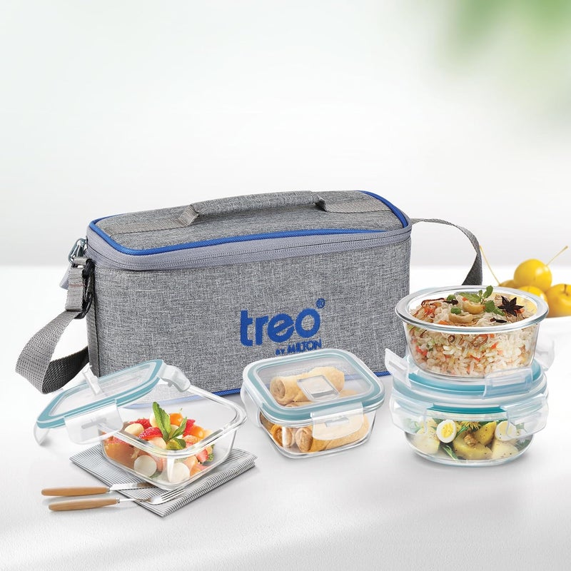 TREO تريو من ميلتون جميع طقم زجاج تيفين مع حقيبة غداء مكون من 4 قطع (2 حاوية دائرية، 400 مل لكل منها؛ 2 حاوية مربعة، 320 مل لكل منها) حاويات آمنة للاستخدام في الميكروويف ومضادة للتسرب، زجاج بوروسيليكات، رمادي مكتبي - Image 4